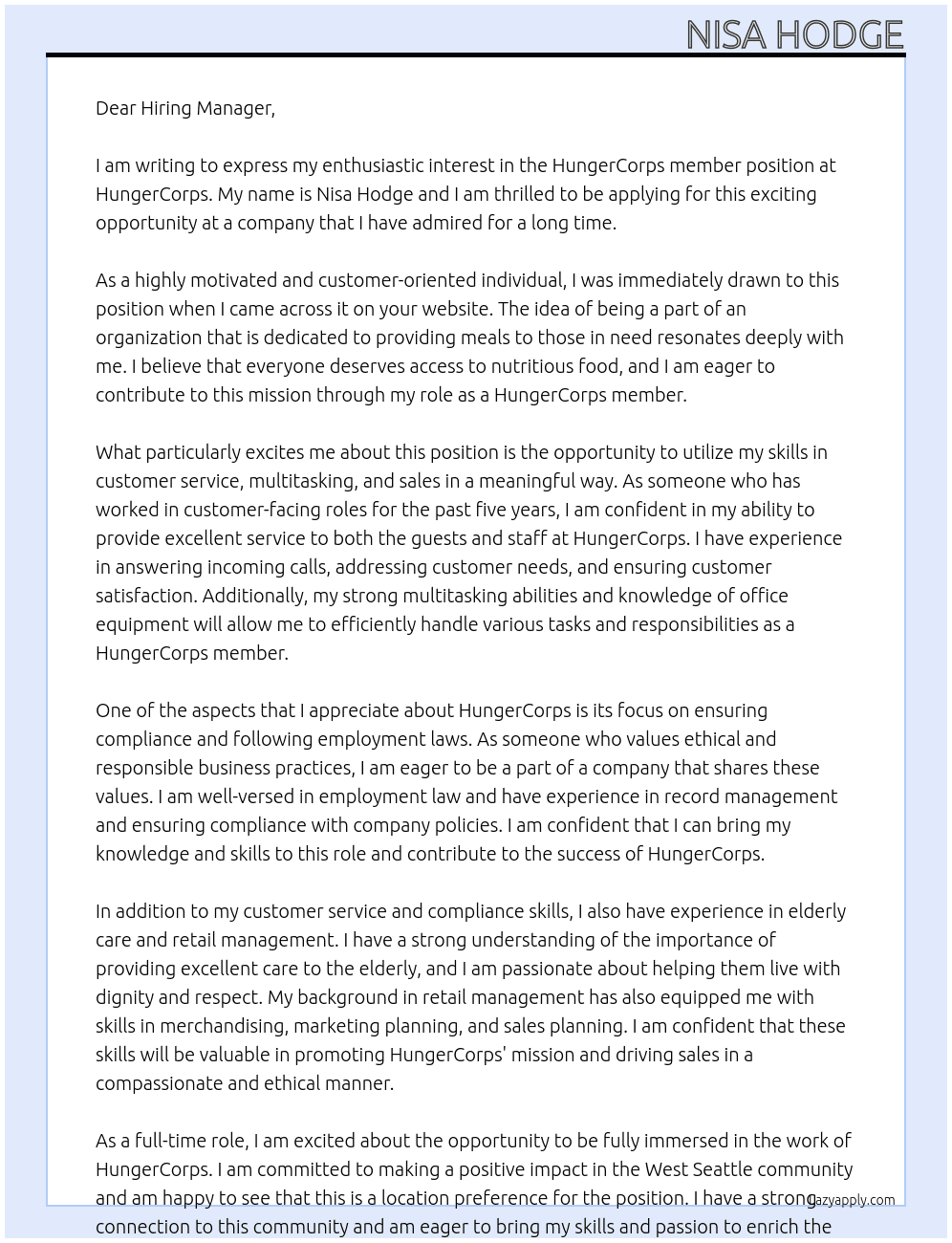 HungerCorps member  At HungerCorps  Cover Letter