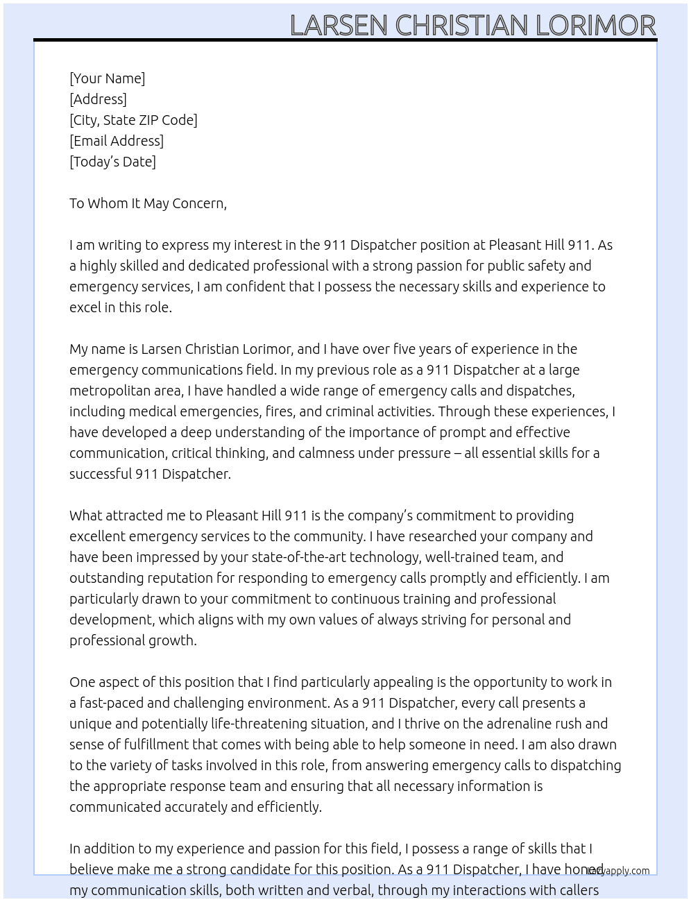 911 Dispatcher At Pleasant Hill 911 Cover Letter