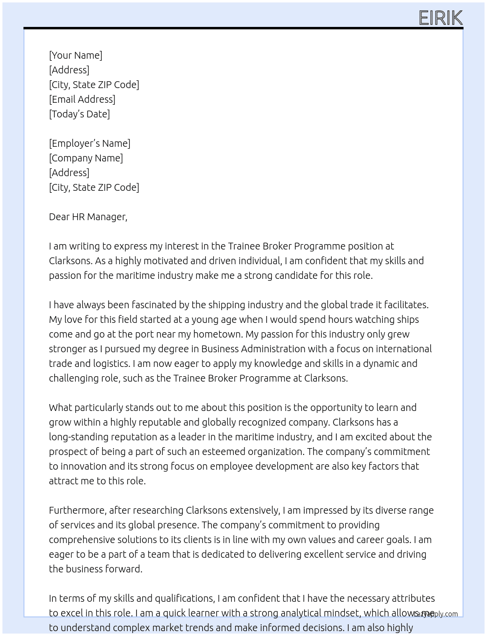 Trainee Broker Programme At Clarksons Cover Letter