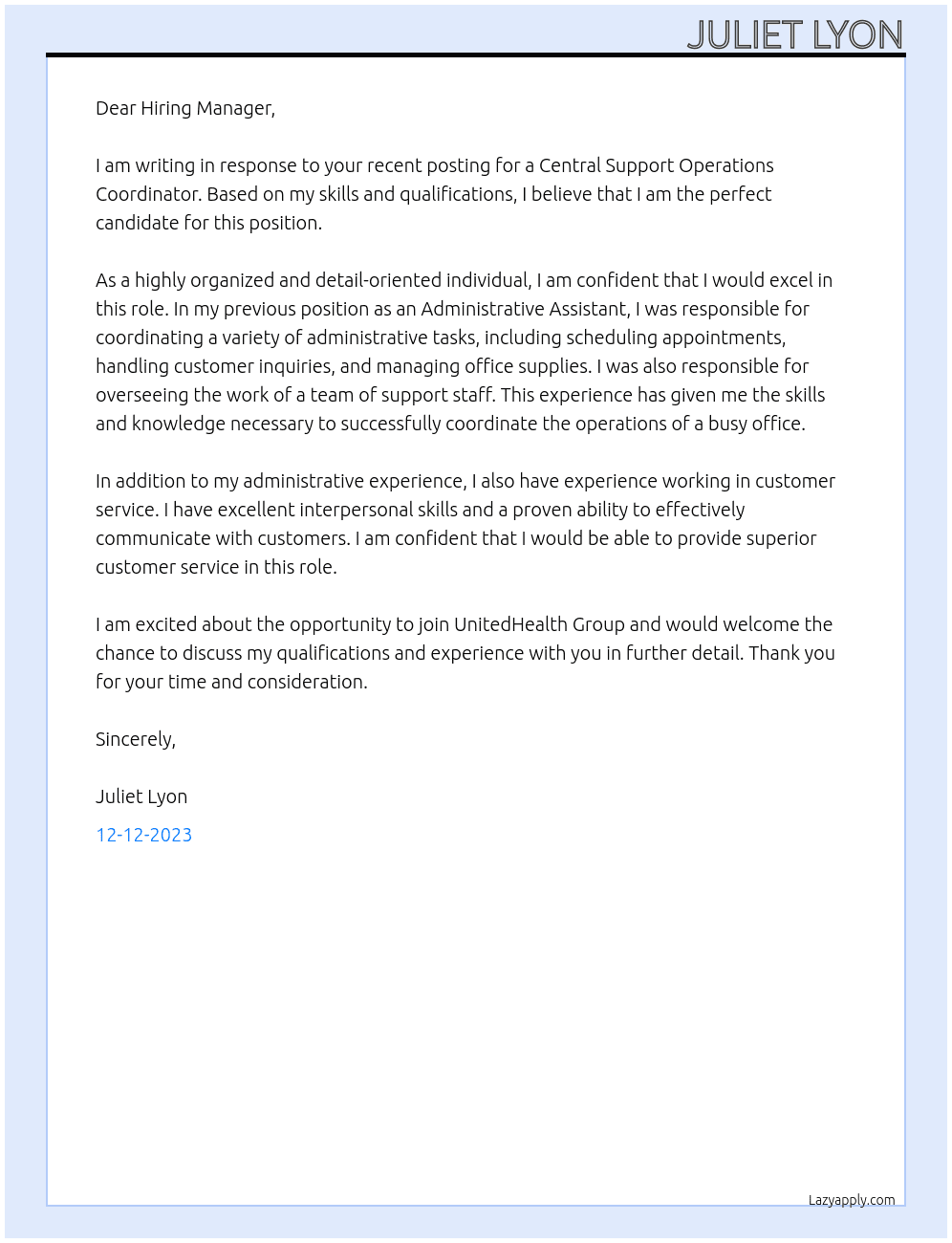 central support operations coordinator At UnitedHealth Group Cover Letter