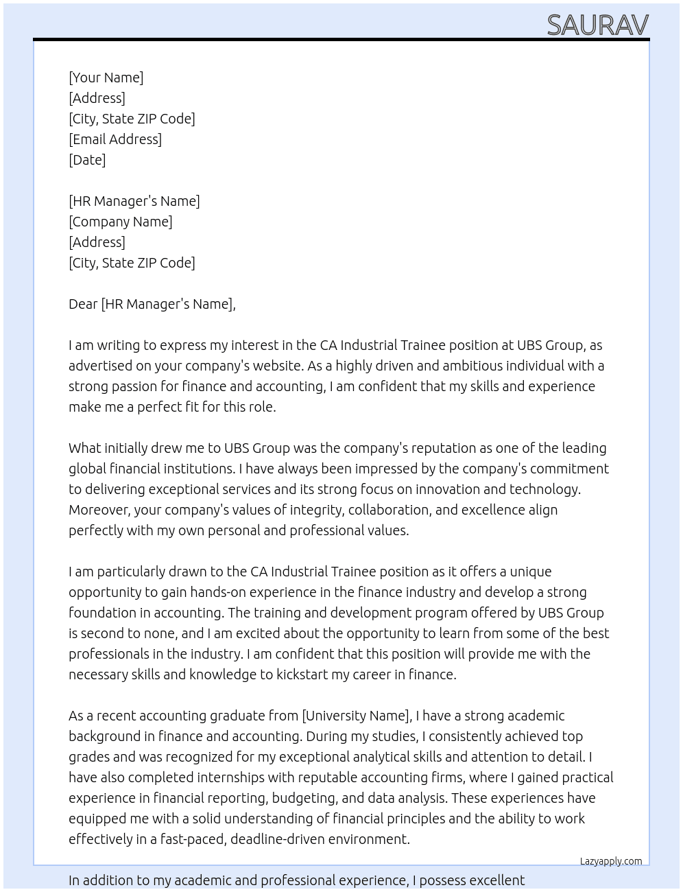CA Industrial trainee At UBS Group Cover Letter