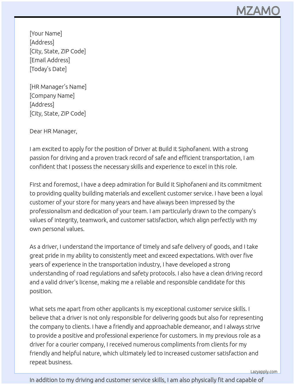 Driver At Build It Siphofaneni Cover Letter