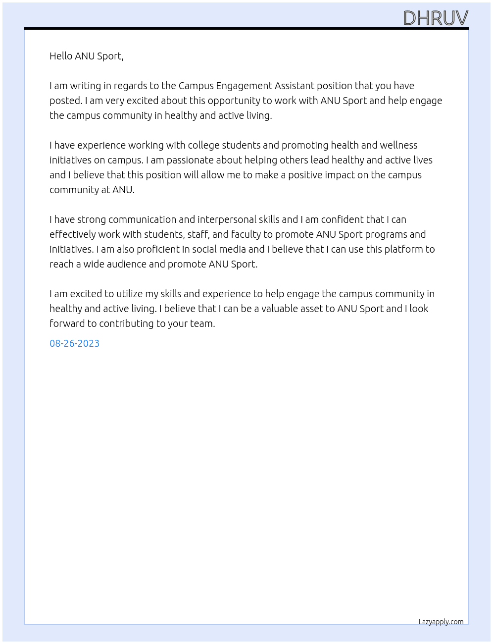 Campus Engagement Assistant At ANU Sport Cover Letter