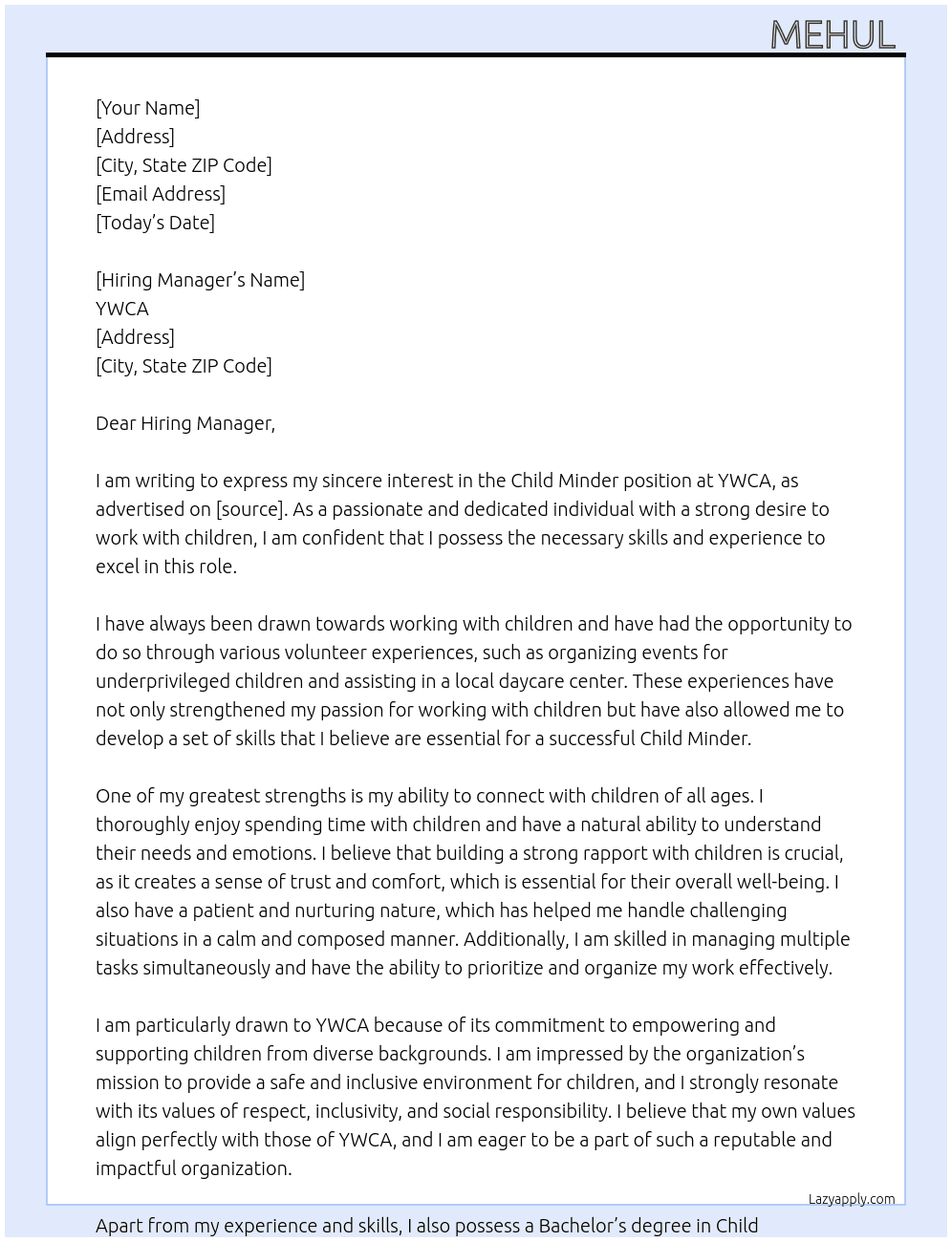 Child Minder At YWCA Cover Letter