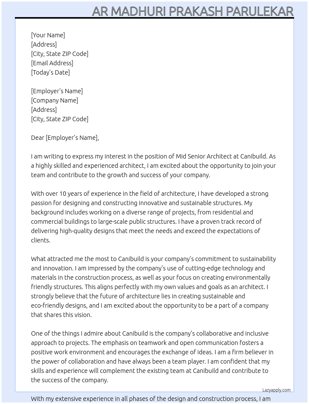 Mid Senior Architect At canibuild Cover Letter