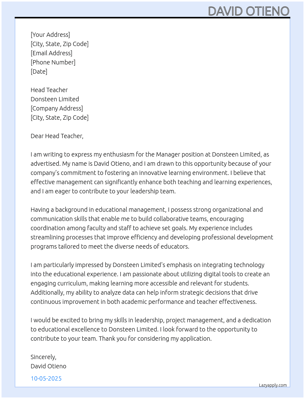 manager At donsteen limited Cover Letter