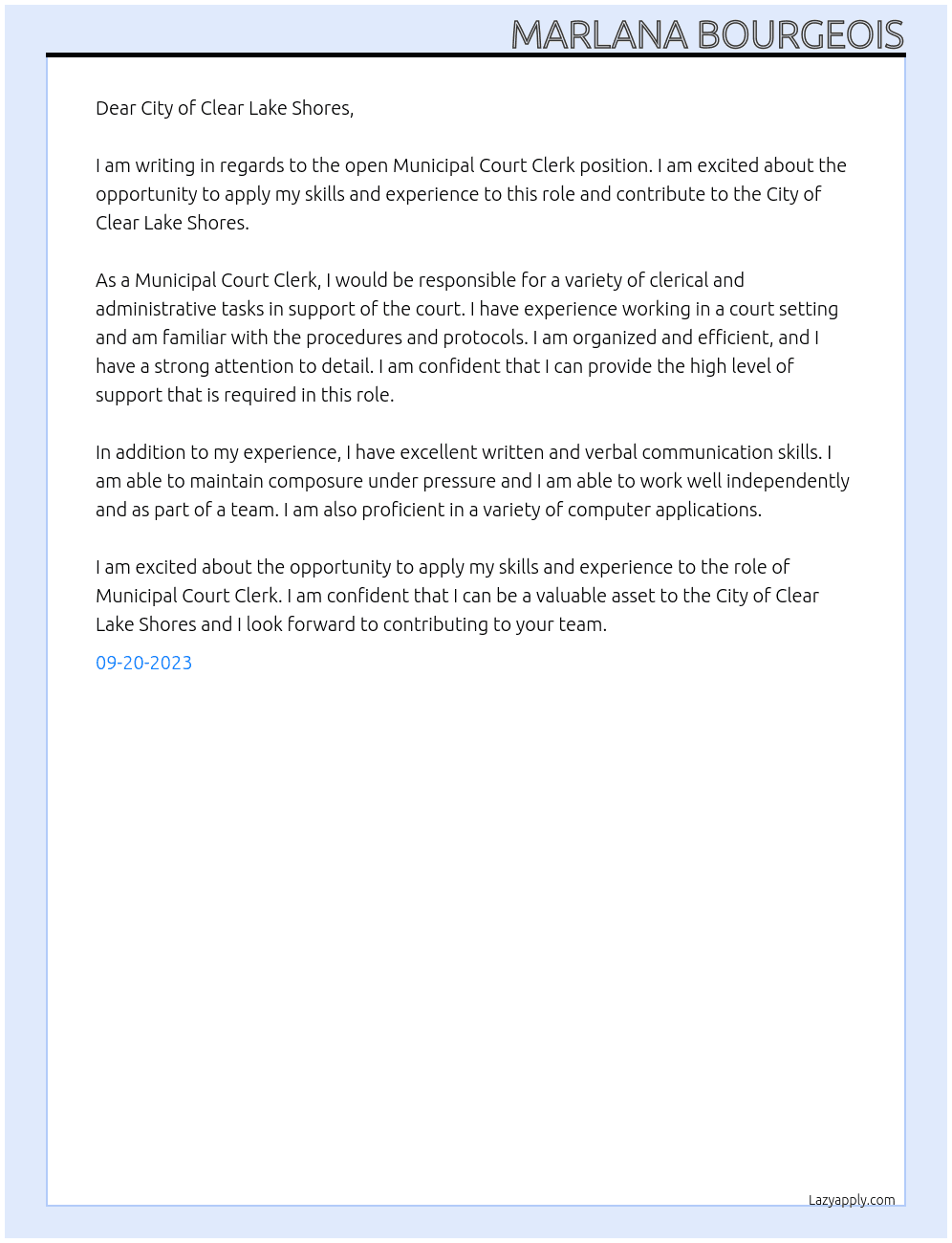 Municipal Court Clerk At City of Clear Lake Shores Cover Letter