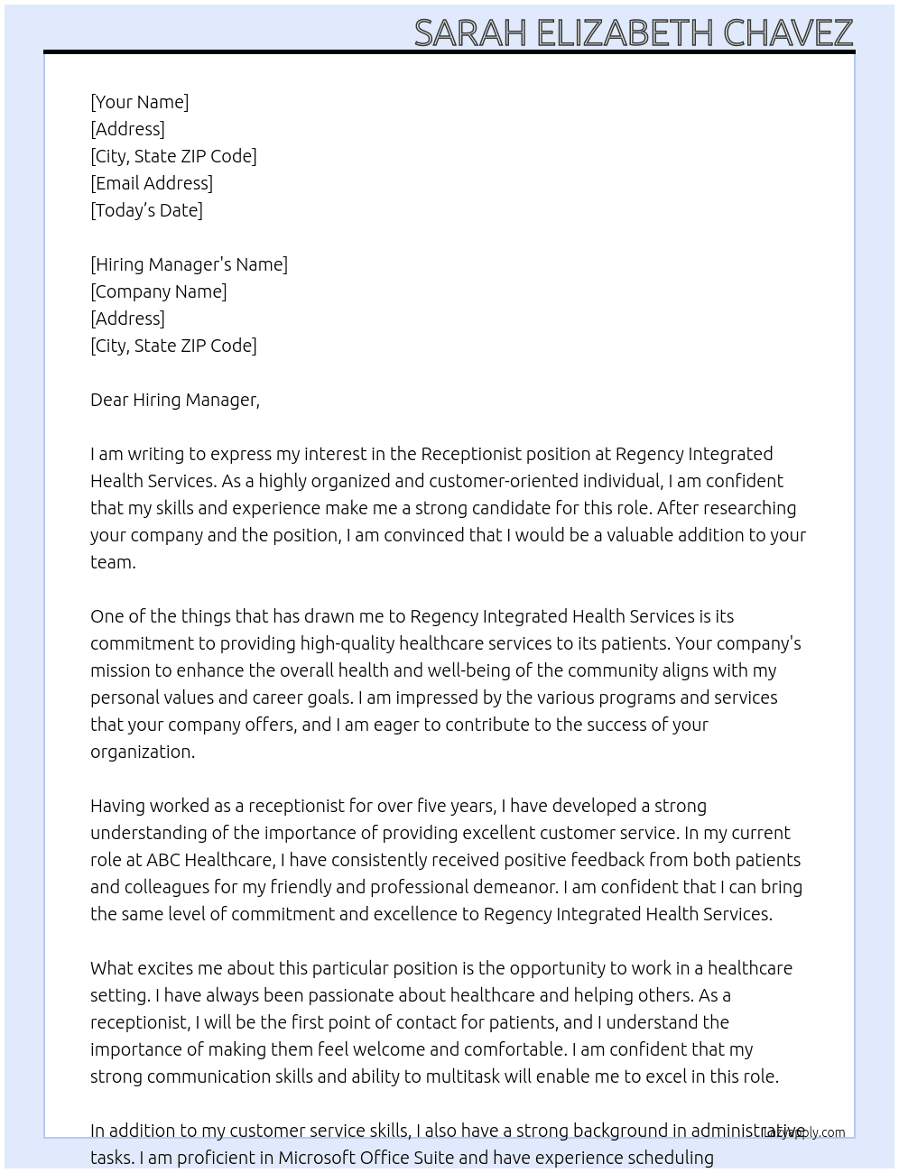 Receptonist At Regency Intergrated Health Services Cover Letter