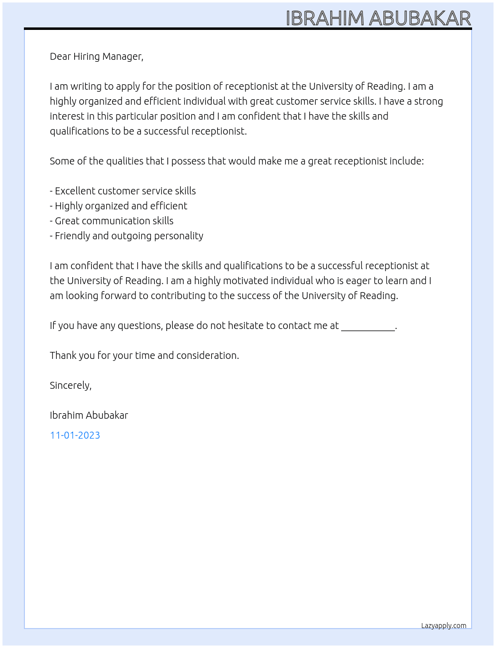 Ex. Receptionist  At University of Reading  Cover Letter