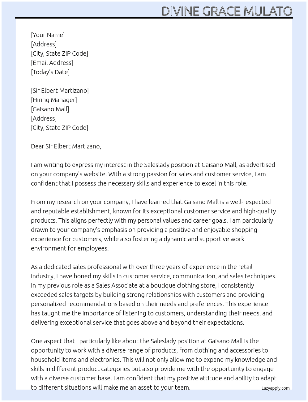 Saleslady  At Gaisano Mall Cover Letter
