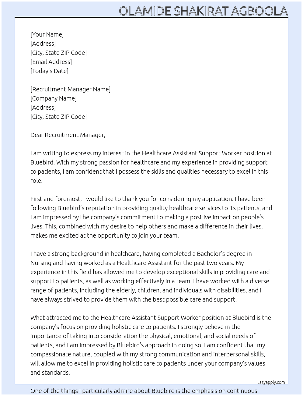 Healthcare assistant support worker  At Bluebird  Cover Letter