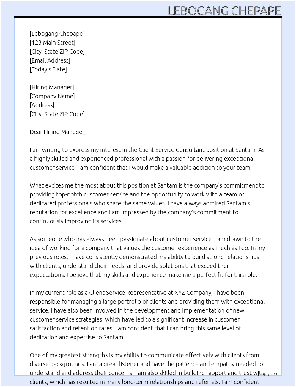 Client service consultant At Santam Cover Letter