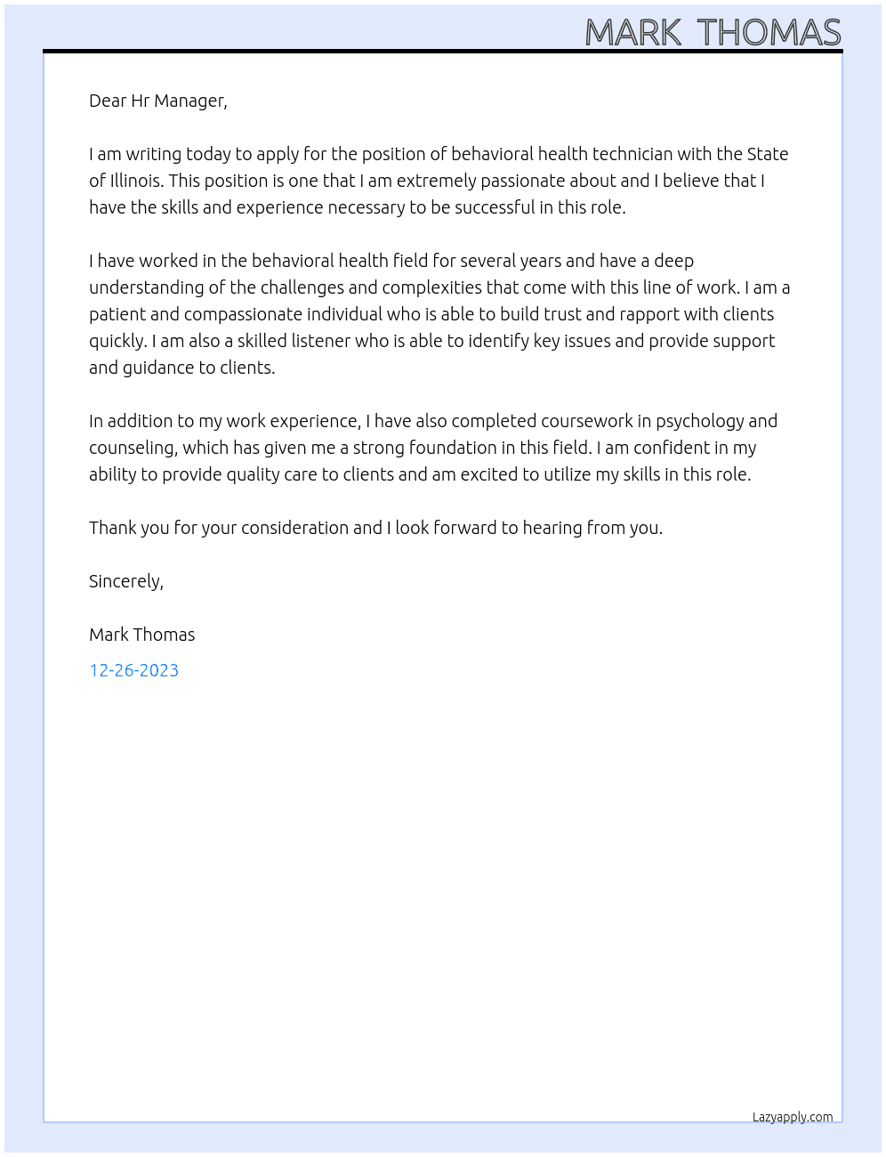 behavioral health technician At State of Illinois Cover Letter