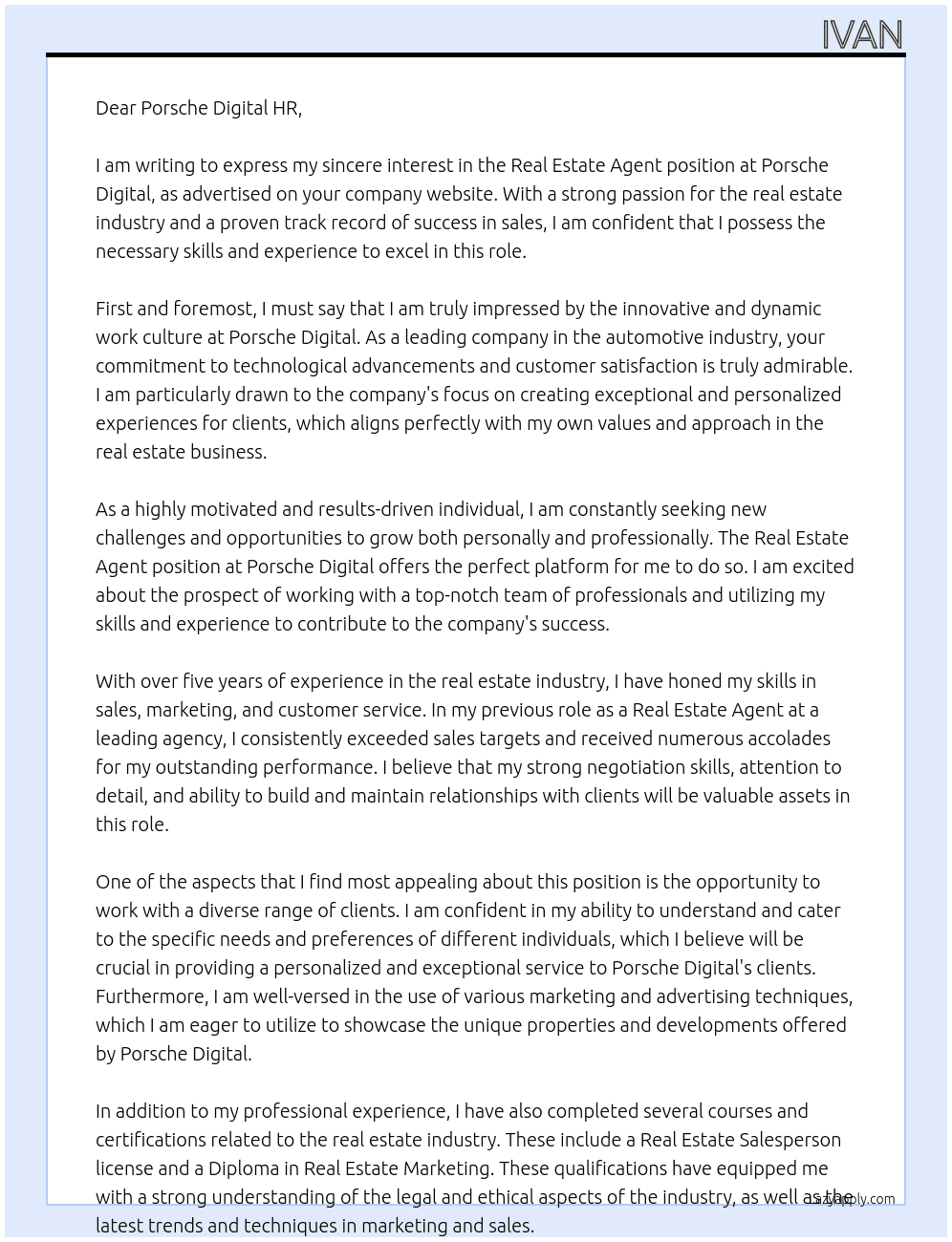  real estate agent At Porsche digital Cover Letter
