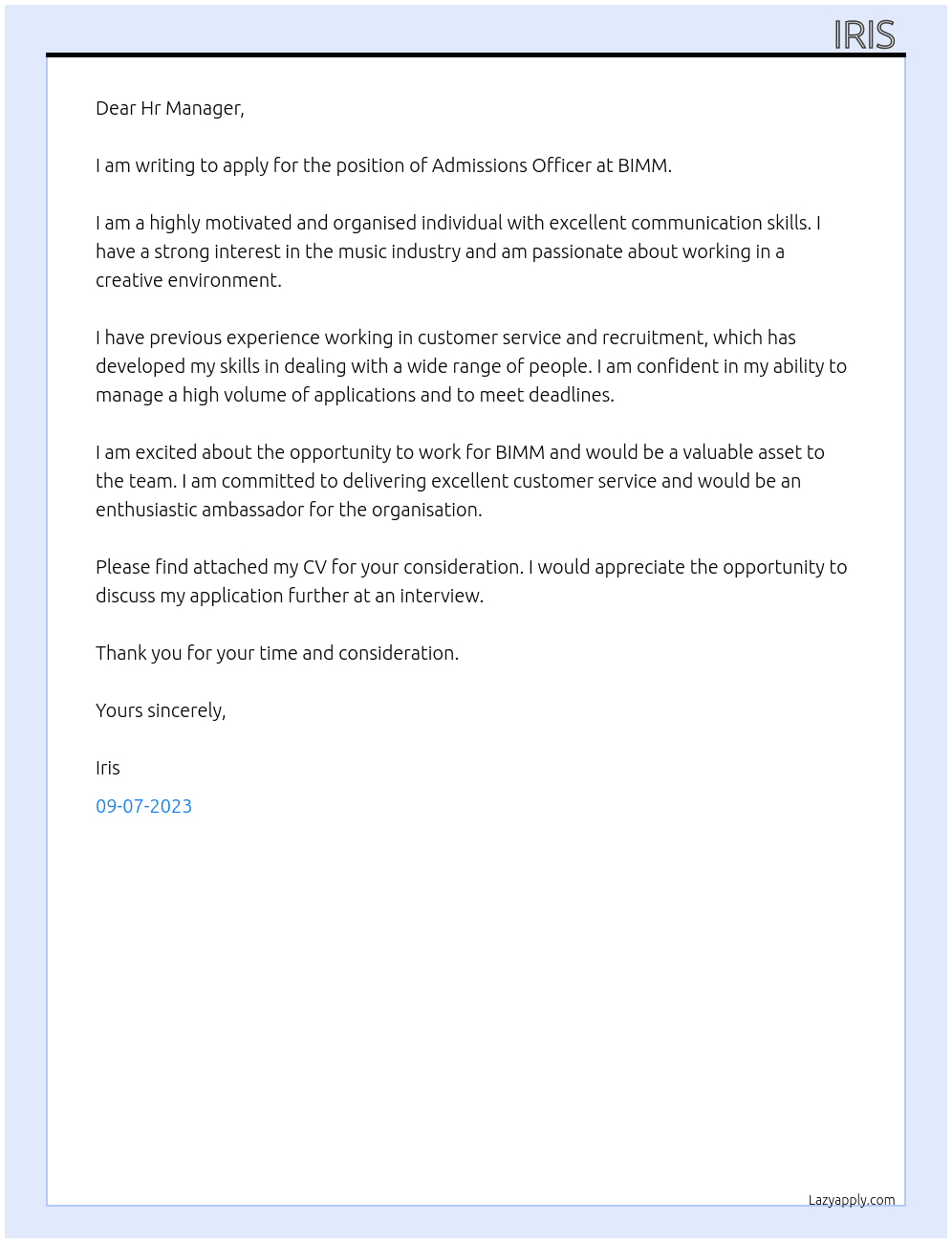 Admissions Officer At BIMM Cover Letter