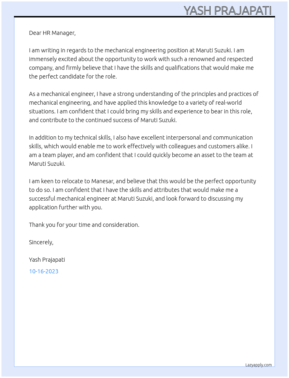 Mechanical engineering  At Maruti Suzuki  Cover Letter