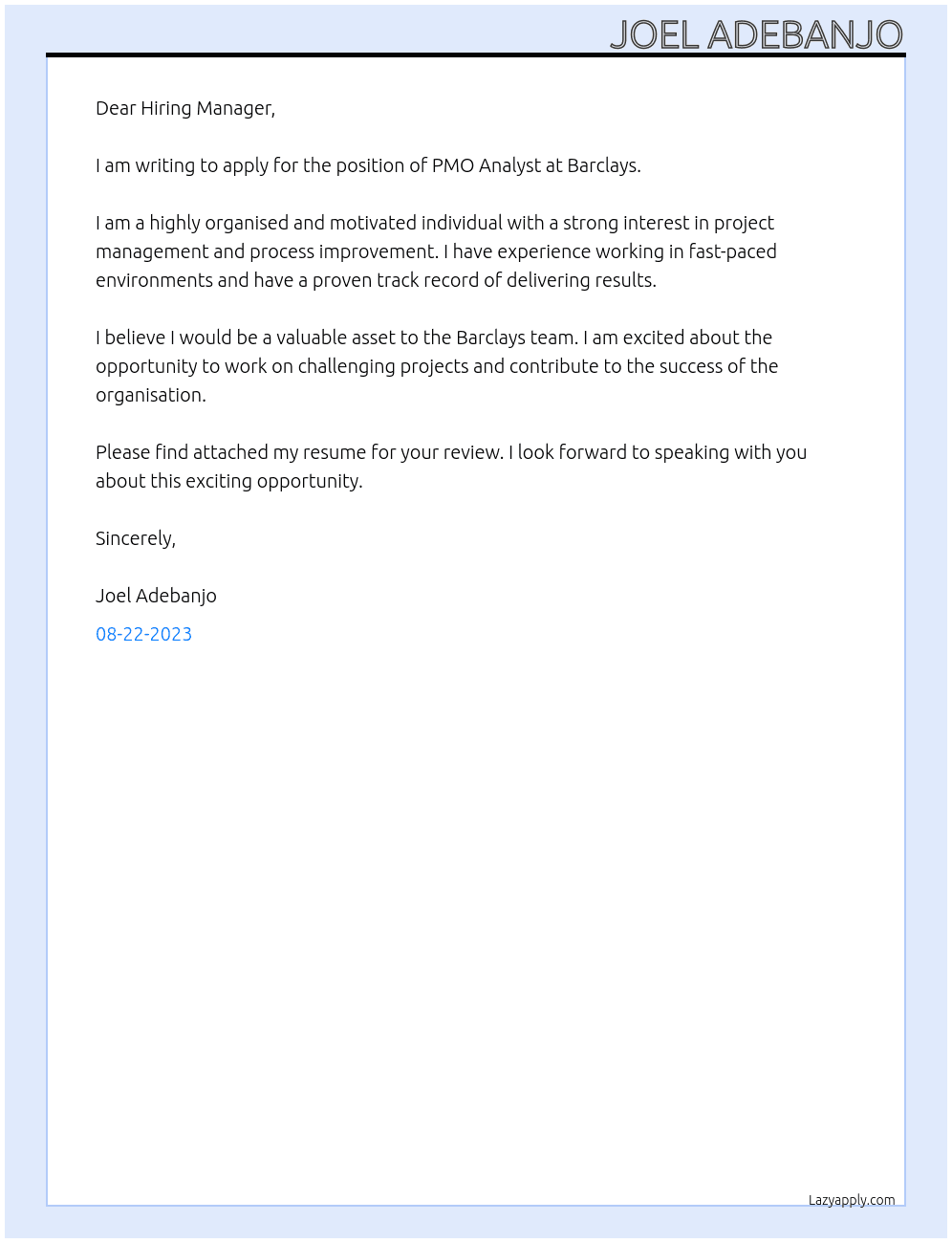 PMO Analyst  At Barclays  Cover Letter