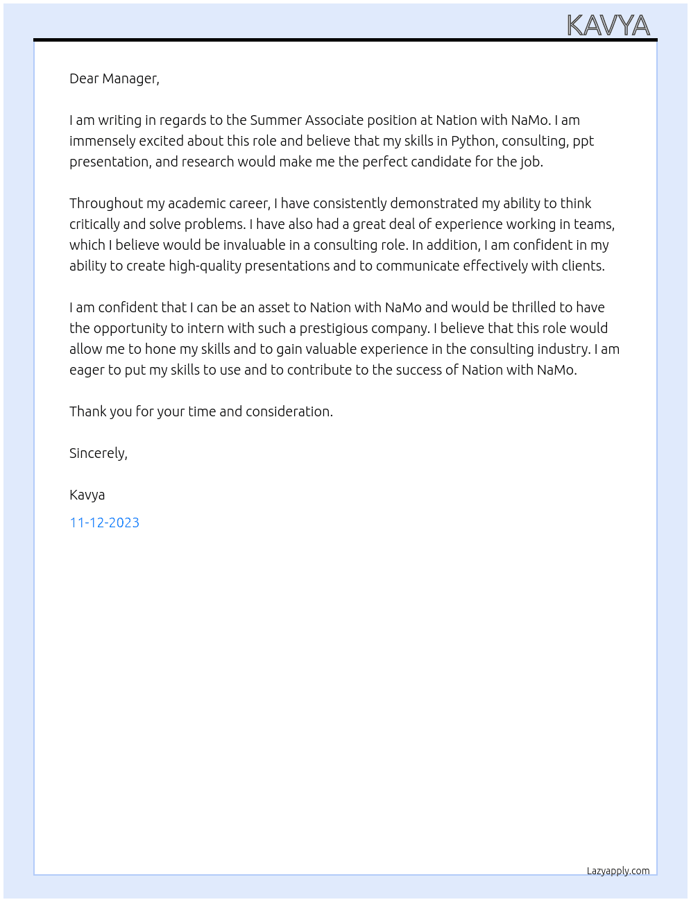 Summer Associate  At Nation with NaMo  Cover Letter