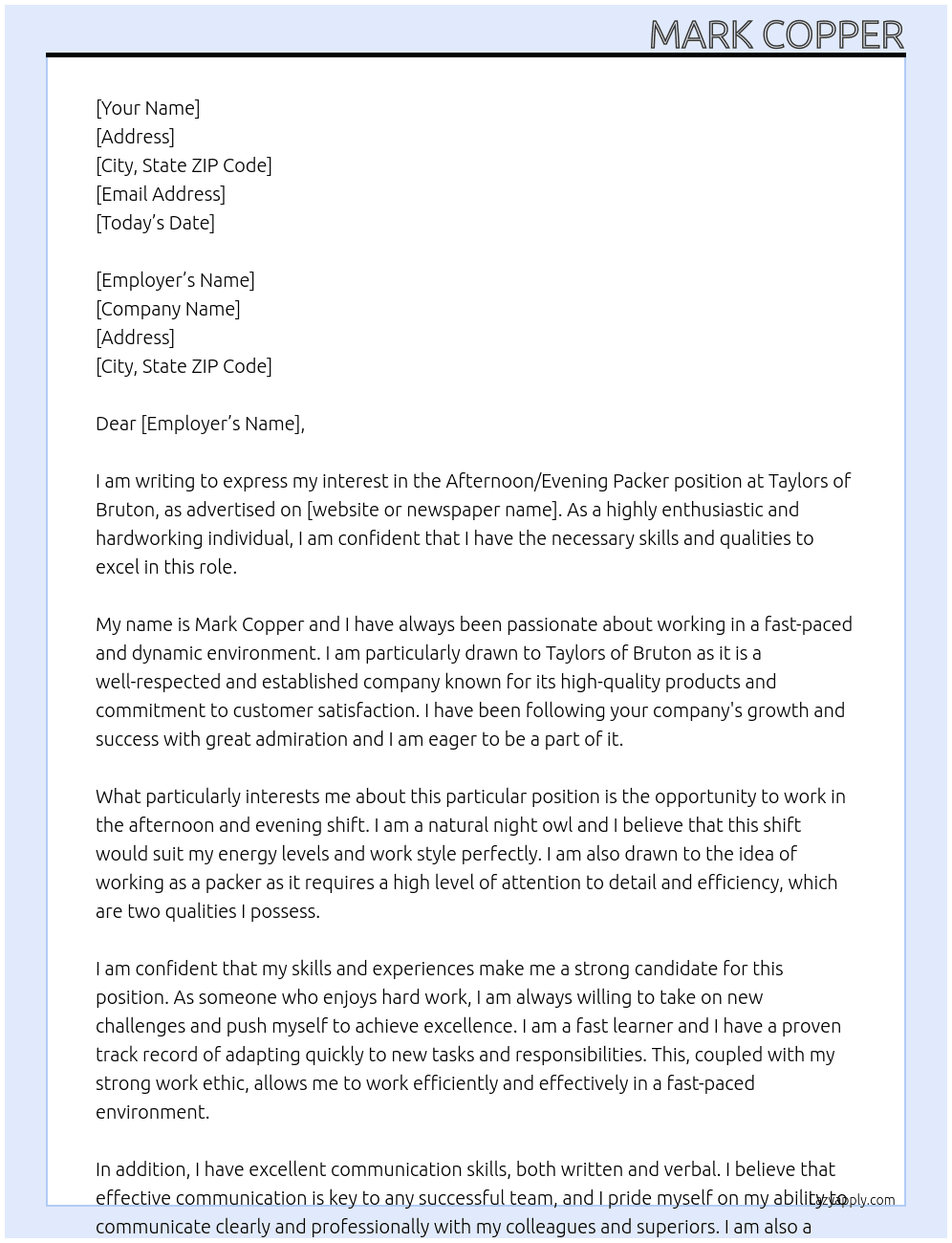 Afternoon/evening packer At Taylors of bruton Cover Letter