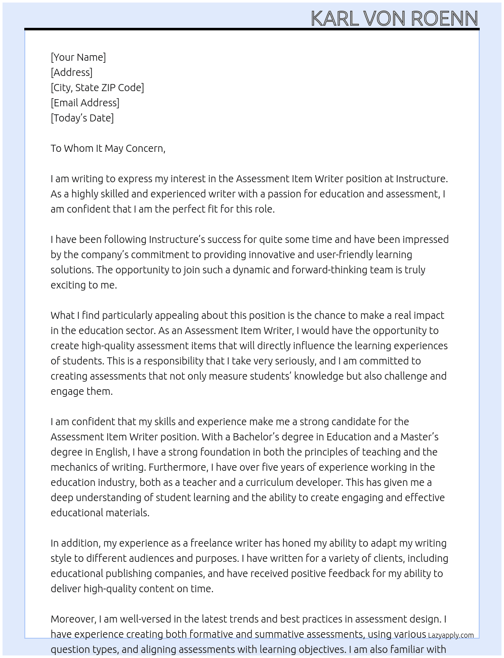 Assessment Item Writer At Instructure Cover Letter