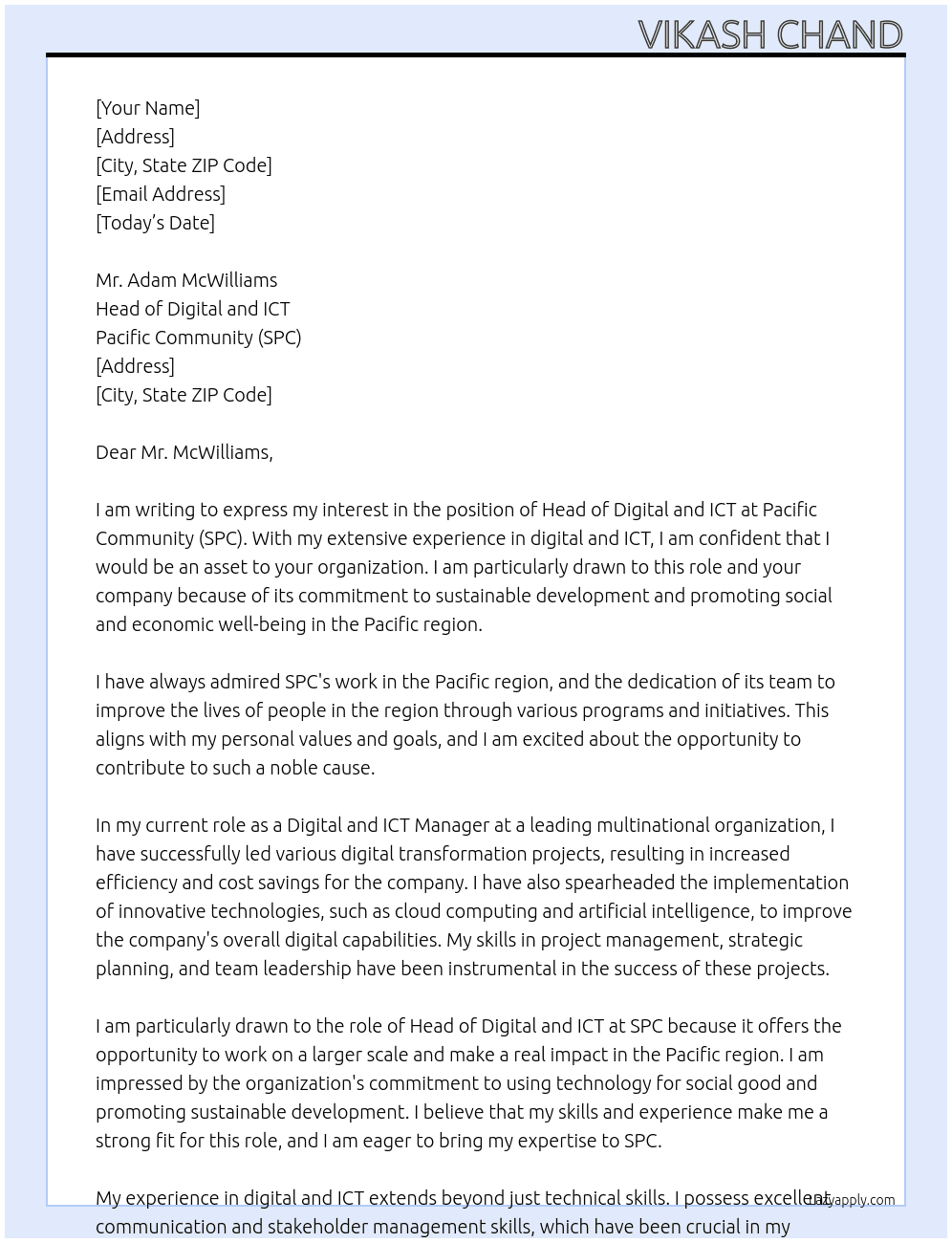 Head of Digital and ICT At Pacific Community (SPC)  Cover Letter