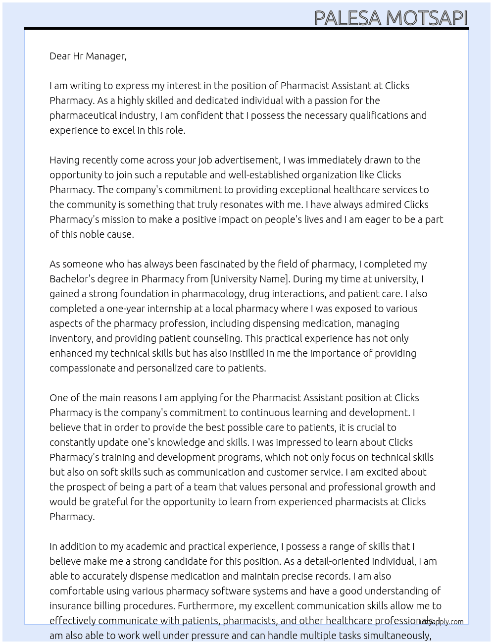 Pharmacist assistant  At Clicks pharmacy  Cover Letter
