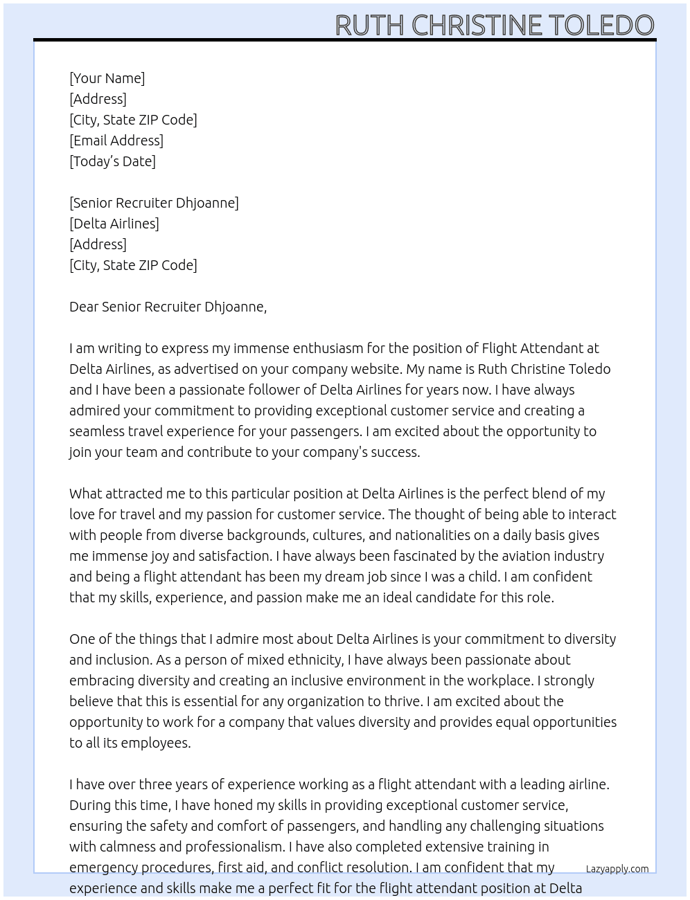 flight attendant At delta airlines Cover Letter