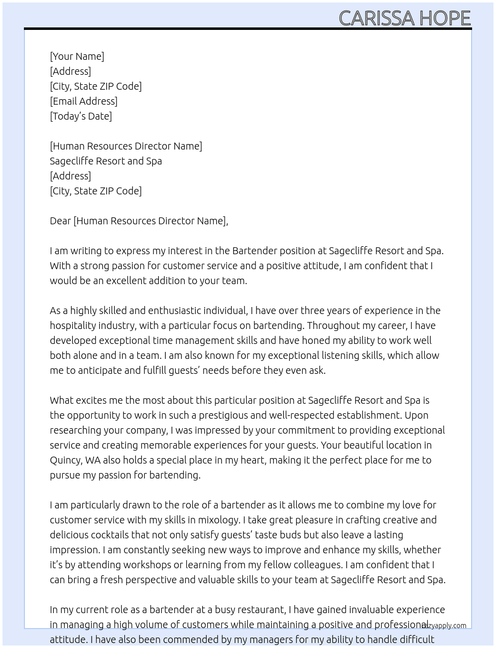 Bartender At Sagecliffe Resort and Spa Cover Letter