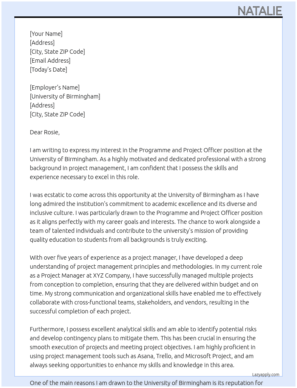 Programme and Project Officer. At University of Birmingham Cover Letter