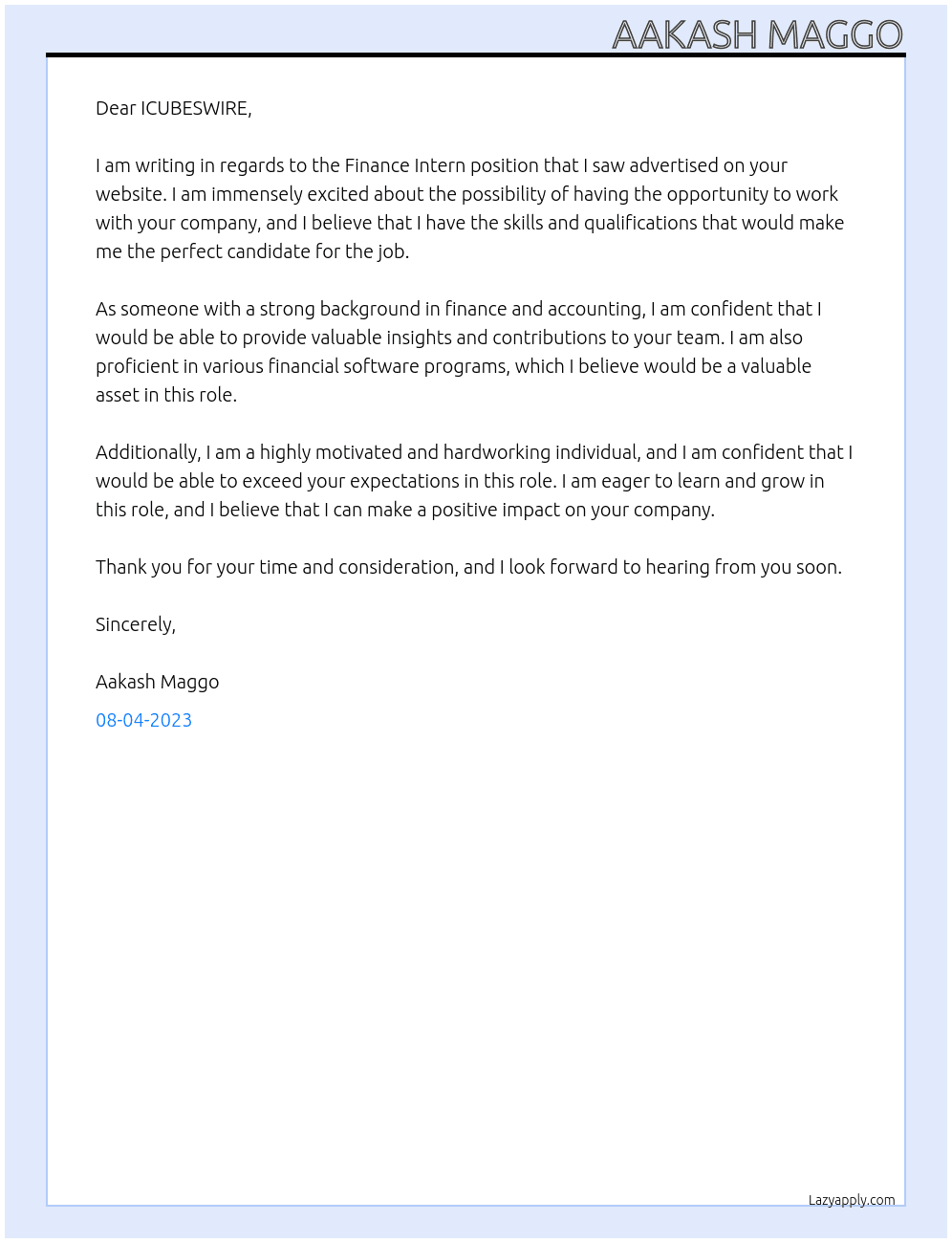FINANCE INTERN At ICUBESWIRE Cover Letter