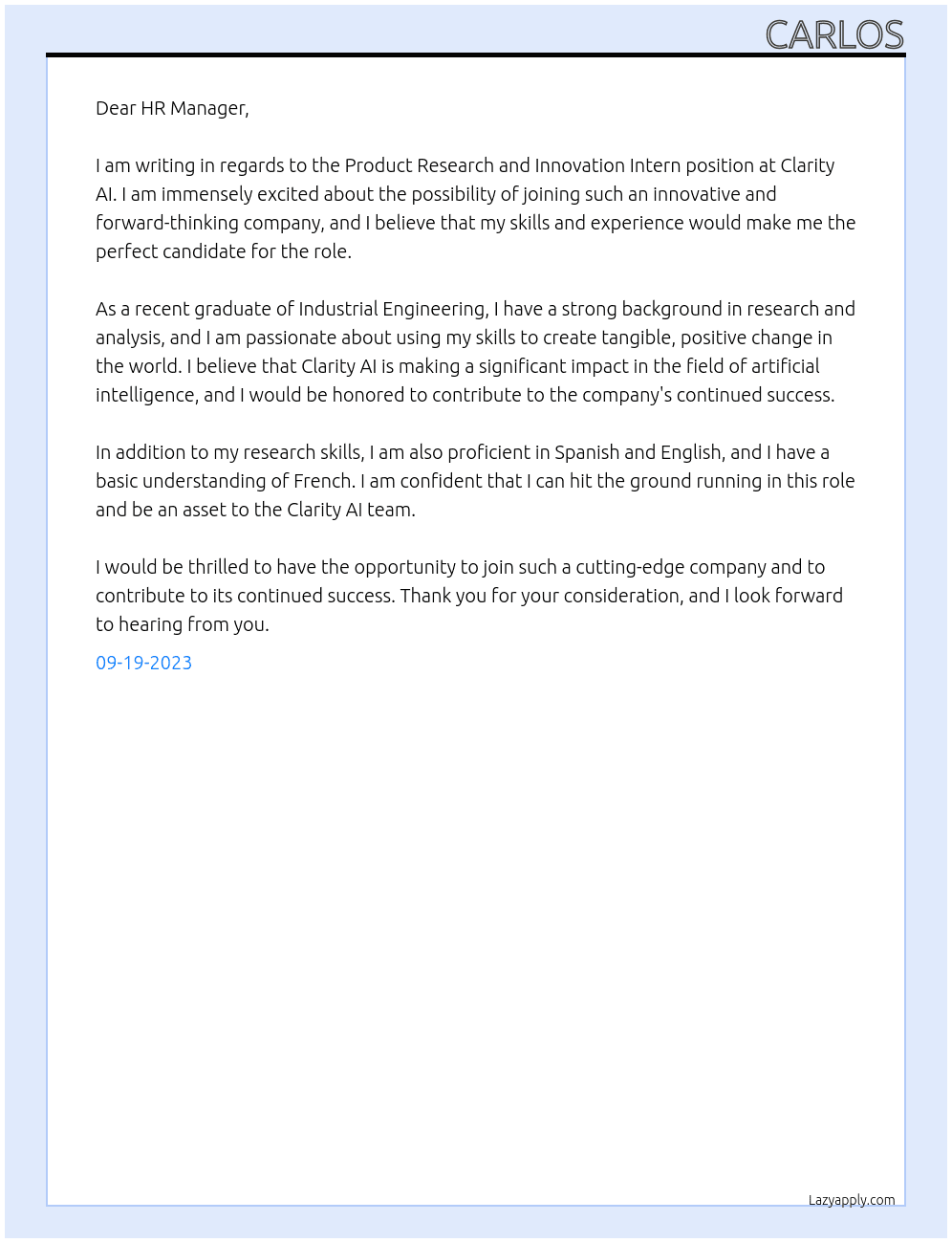 Product Research and Innovation Intern At Clarity AI Cover Letter