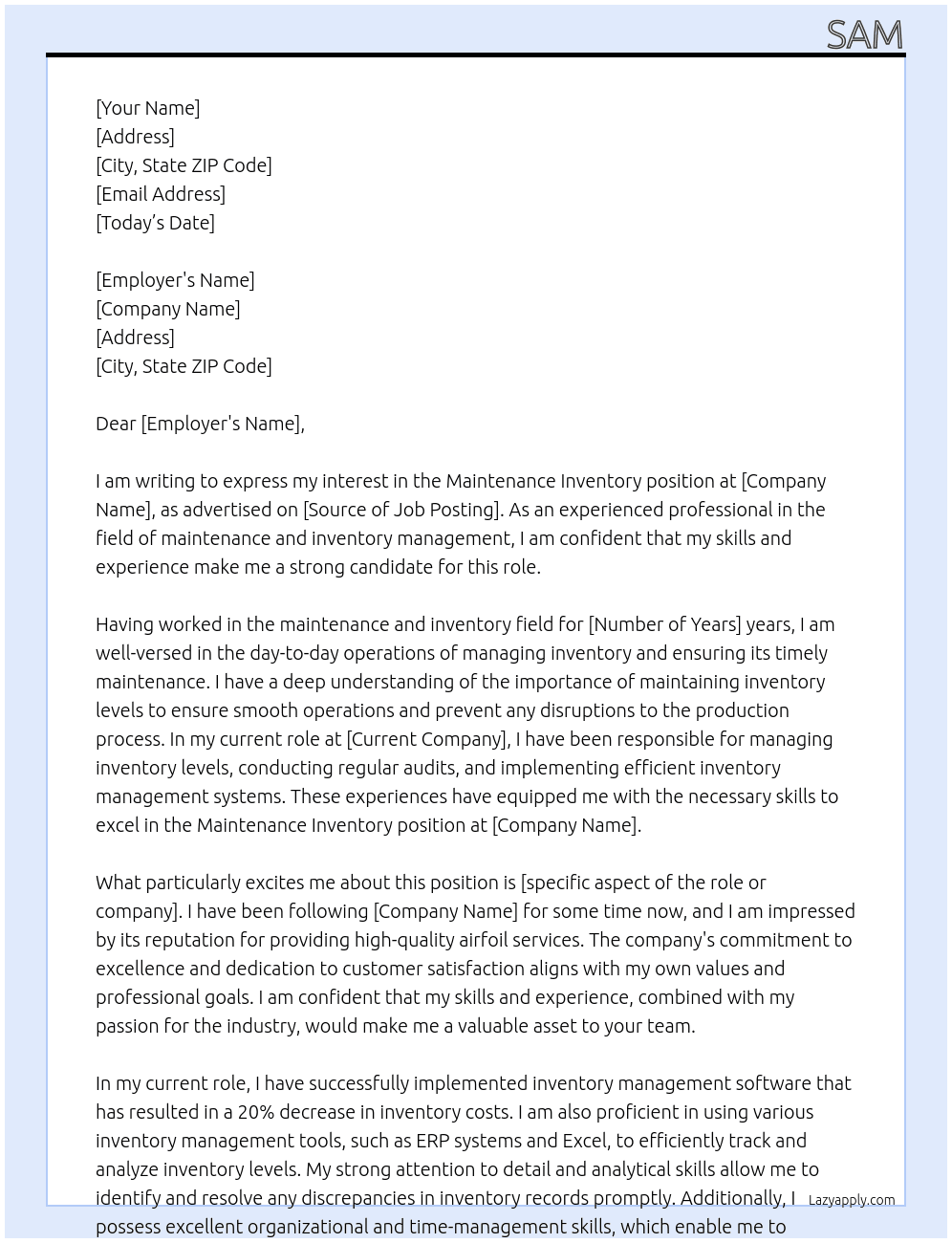 maintenance inventory At Sam Cover Letter