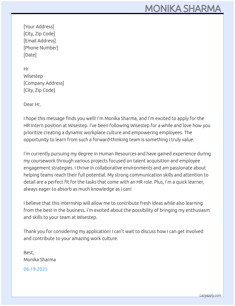 Hr intern  At Wisestep Cover Letter