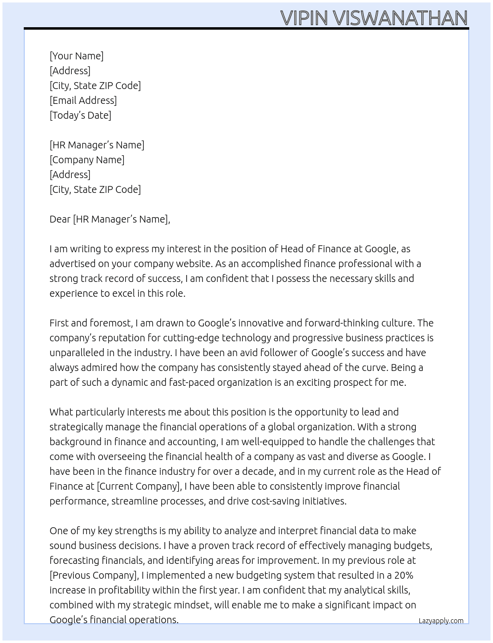 Head of Finance At Google Cover Letter