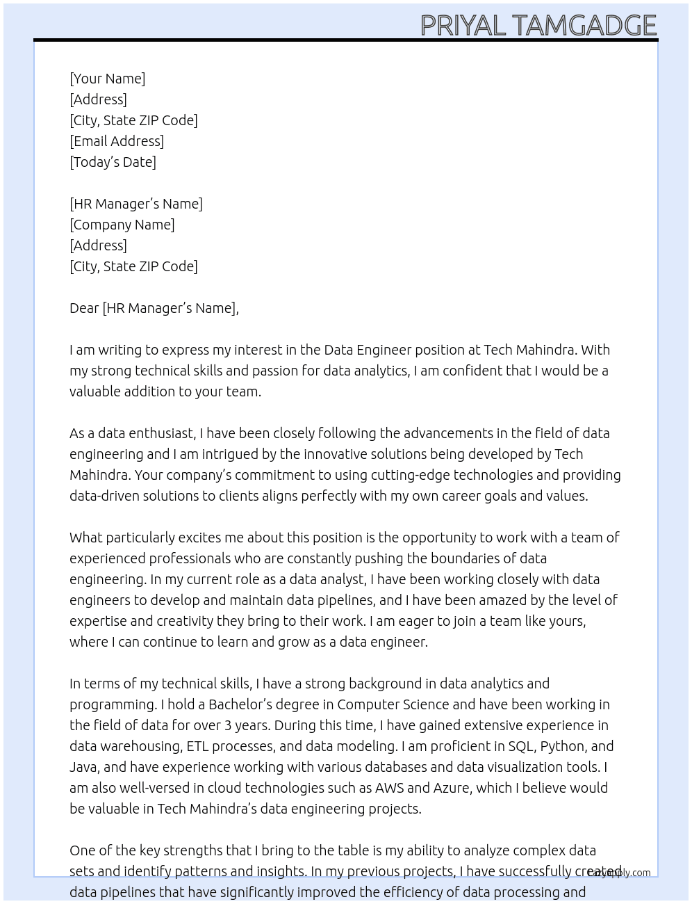 Data Engineer At Tech Mahindra Cover Letter