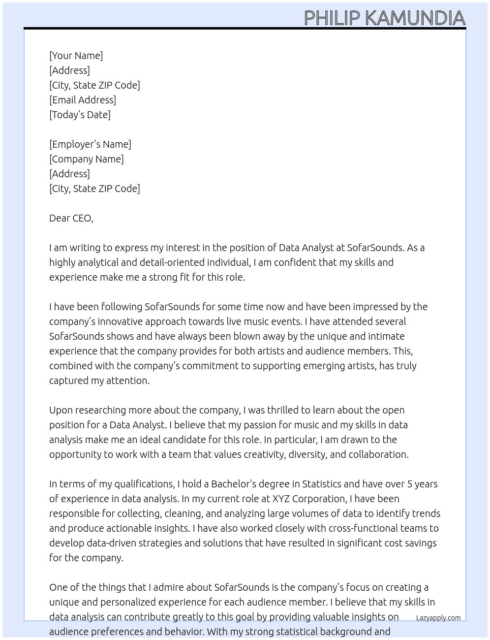 Data analyst At sofarsounds Cover Letter