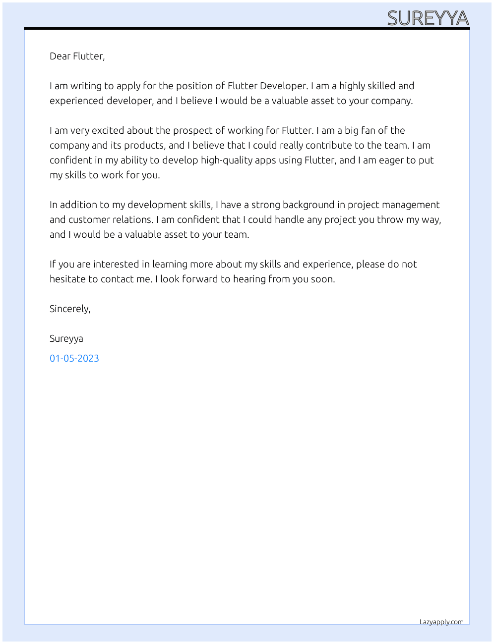 Flutter Developer At Flutter Cover Letter