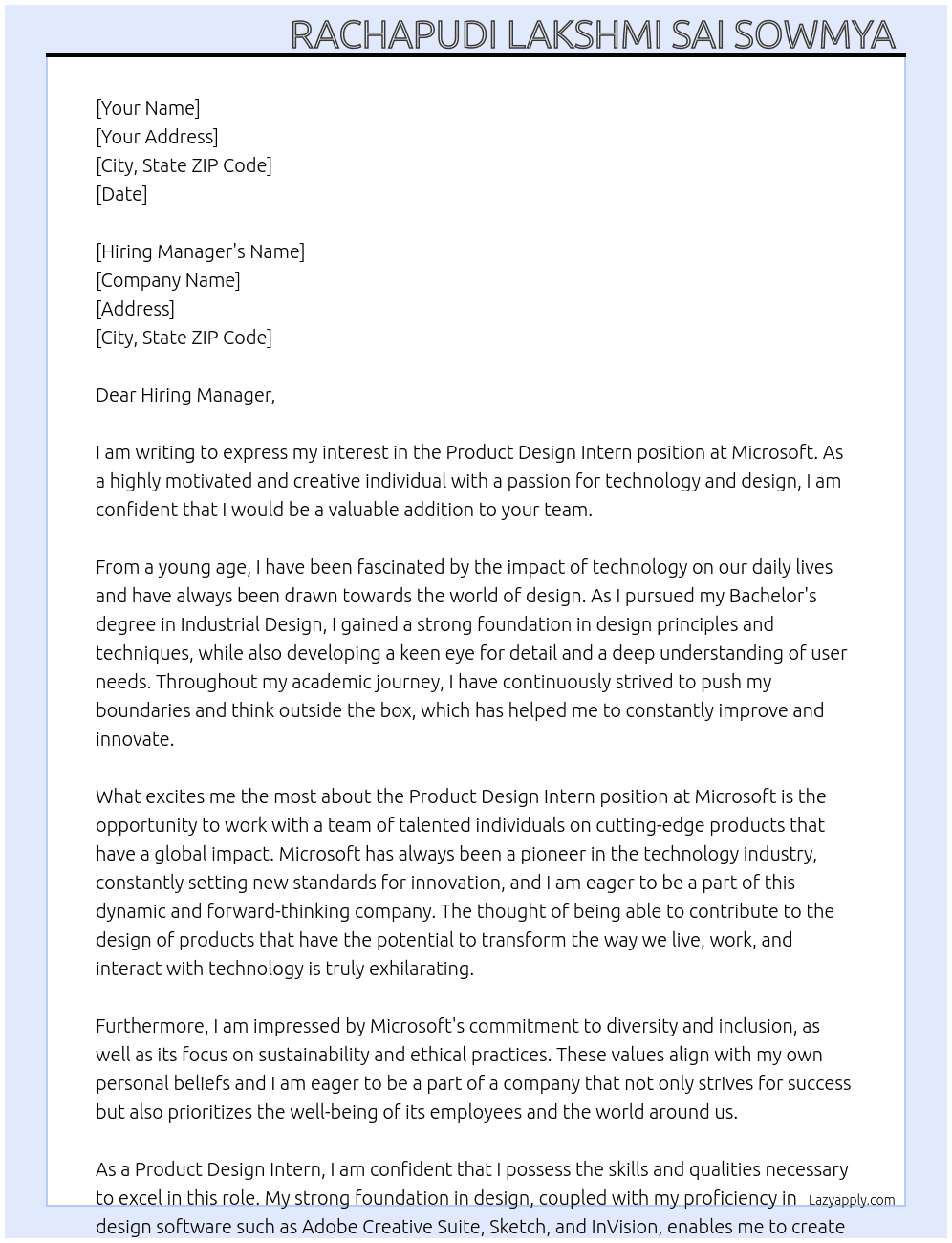  Product Design Intern At Microsoft Cover Letter