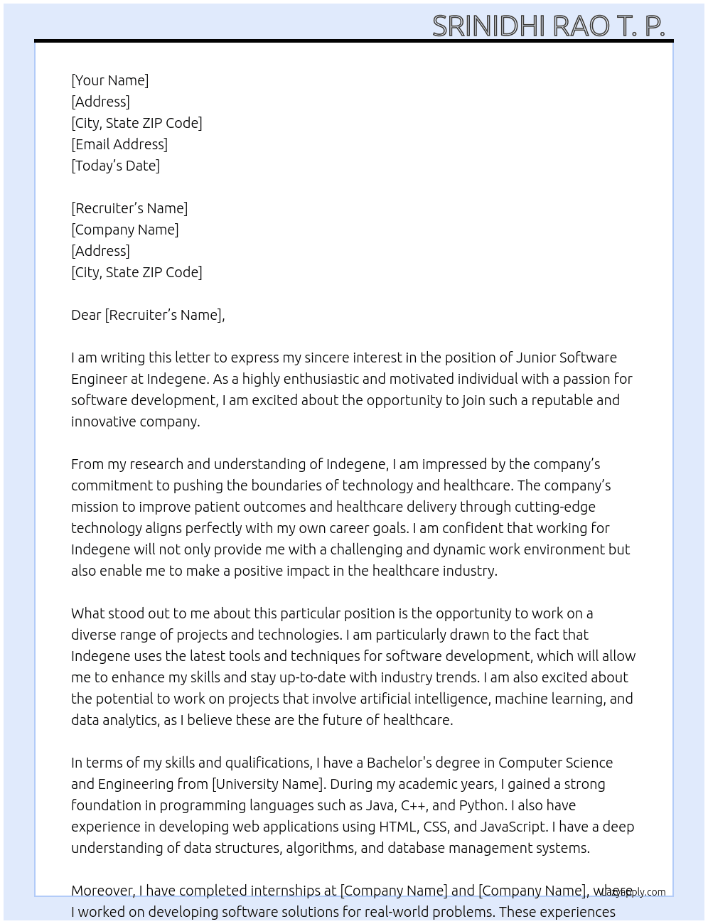 Junior Software Engineer At Indegene Cover Letter