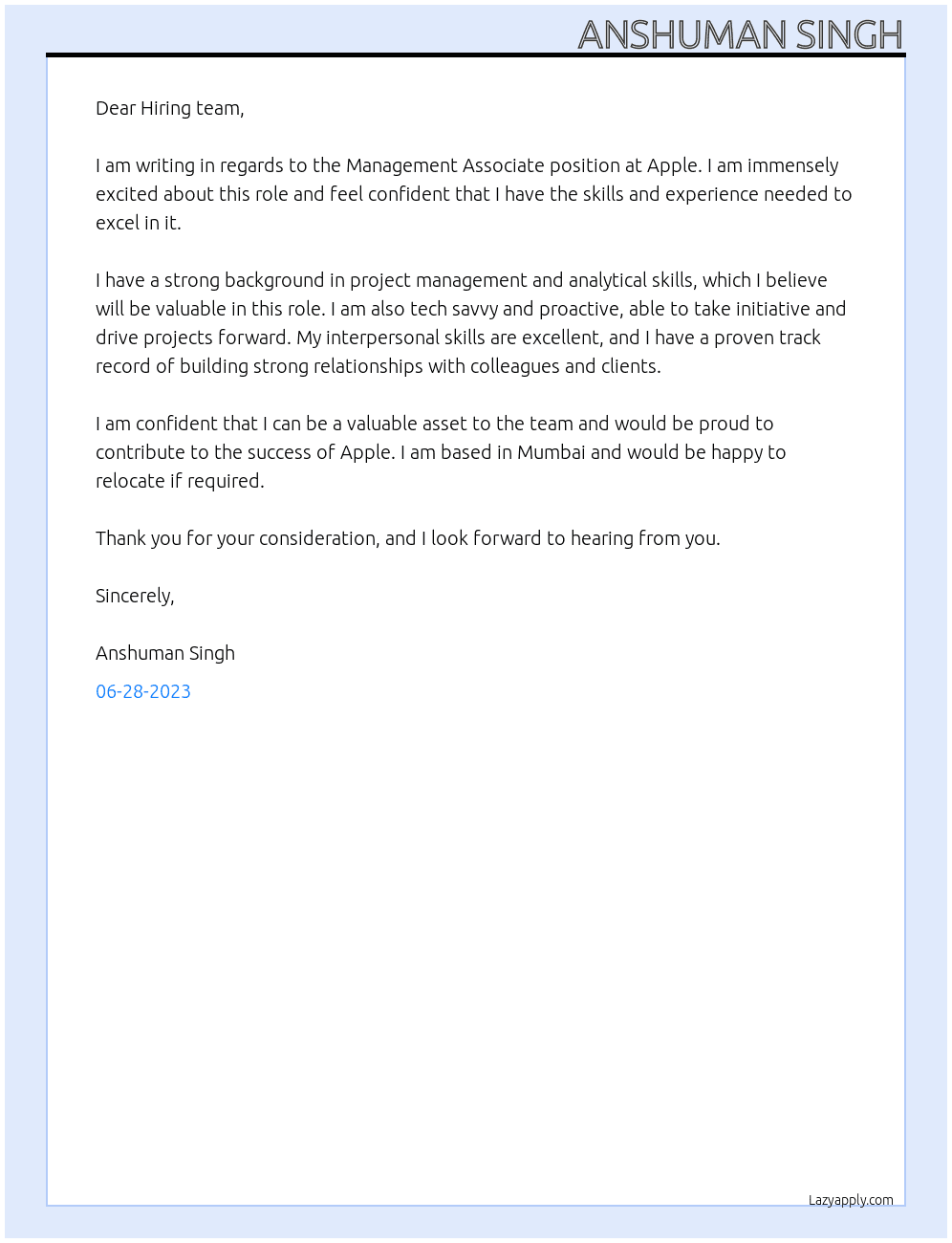 Management Associate At Apple Cover Letter