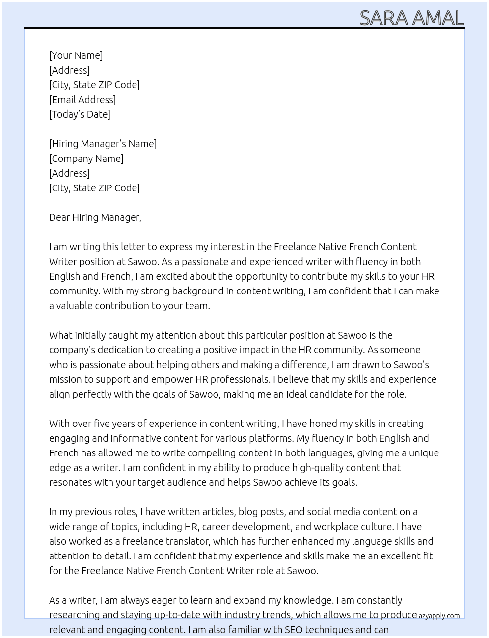 Freelance Native French Content Writer for HR Community | Remote At Sawoo Cover Letter