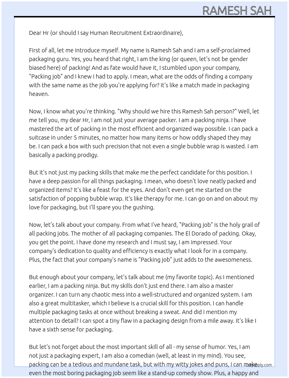 Packing  At Packing job  Cover Letter