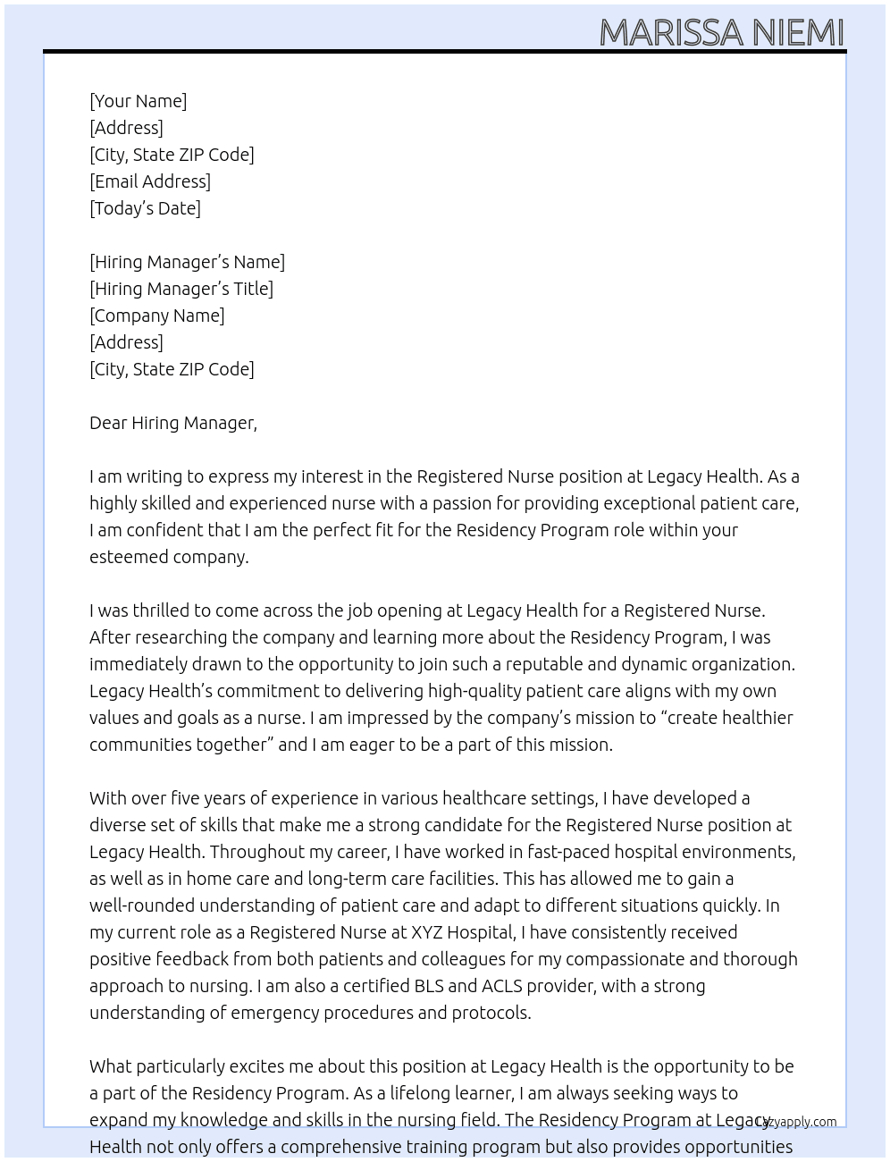 Registered Nurse At Legacy Health Cover Letter