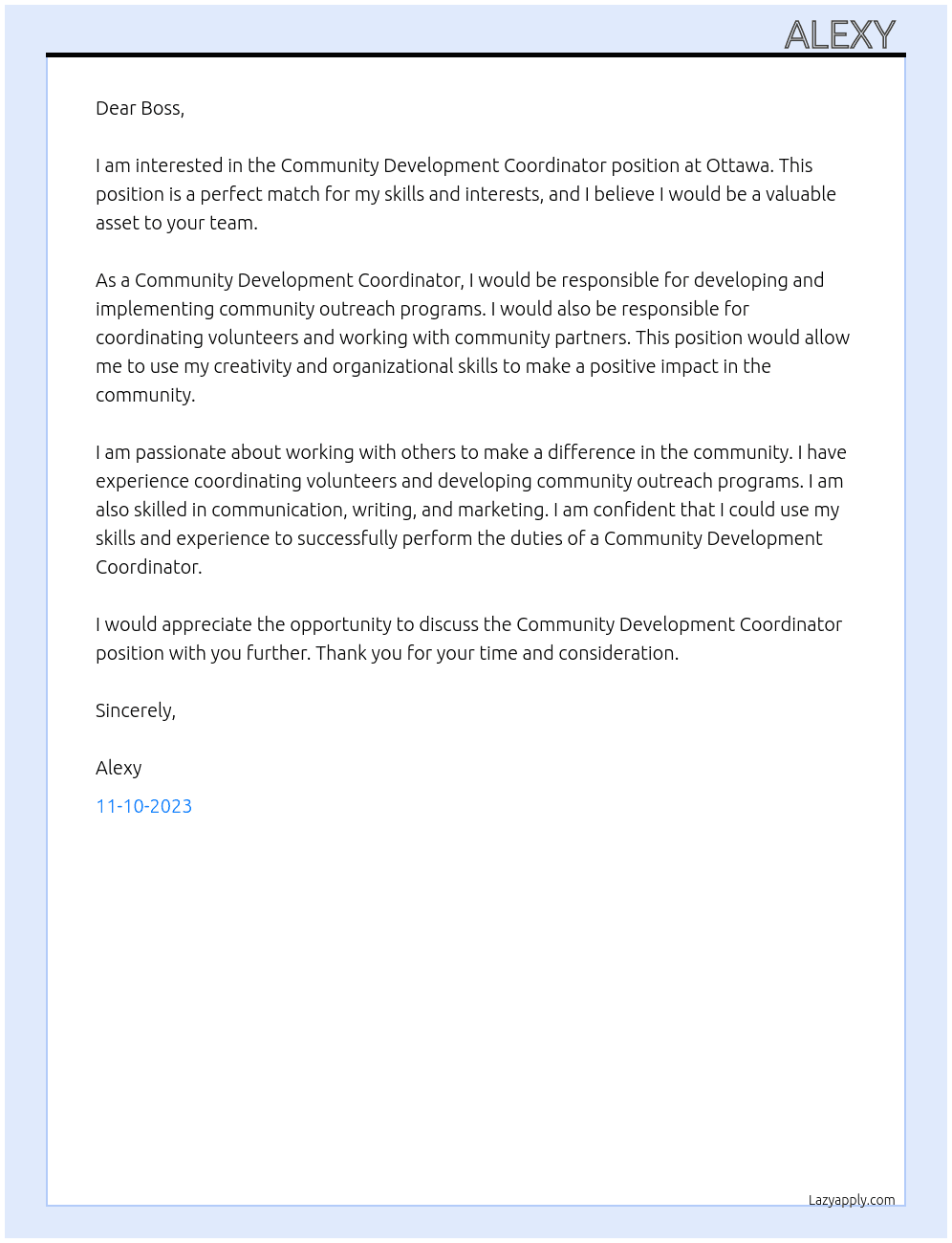 Community Development Coordinator At Ottawa Cover Letter