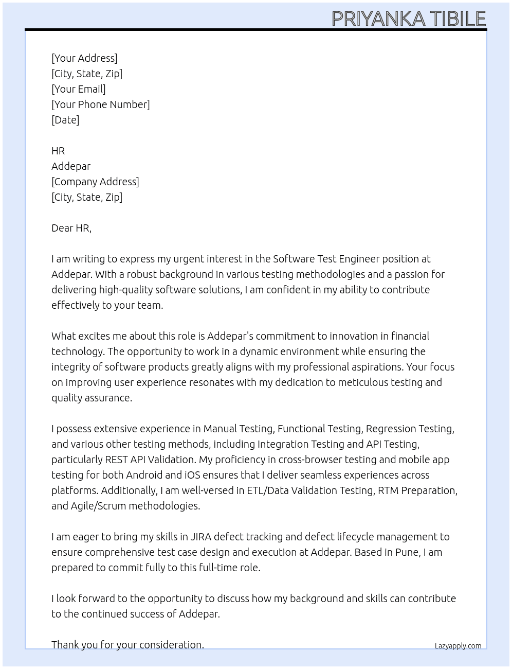 Software Test Engineer At Addepar Cover Letter