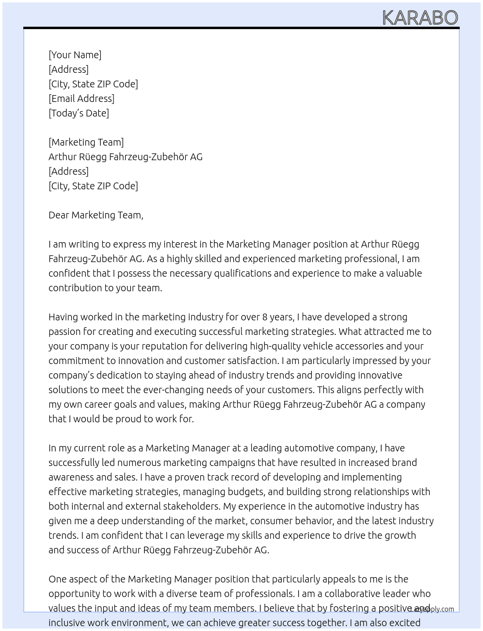 Marketing Manager  At Arthur Rüegg Fahrzeug-Zubehör AG Cover Letter