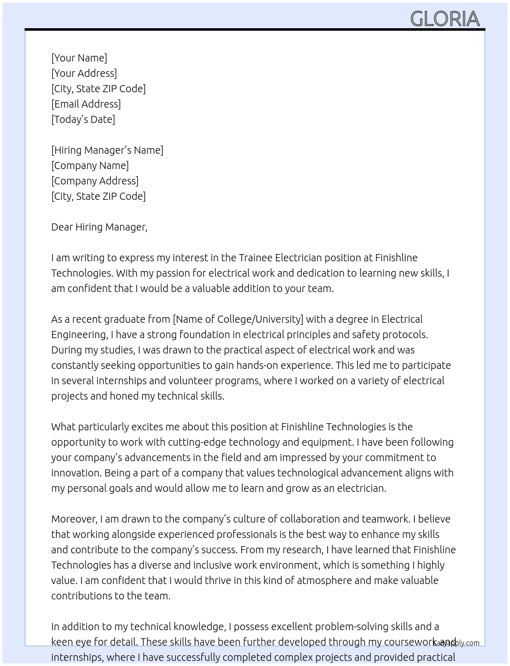 Trainee Electrician  At Finishline Technologies  Cover Letter