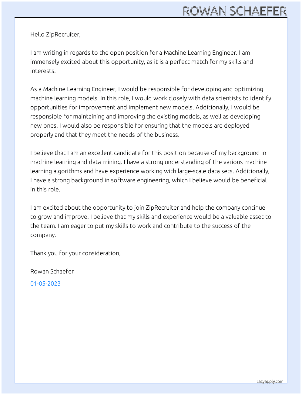 Machine Learning Engineer At ZipRecruiter Cover Letter