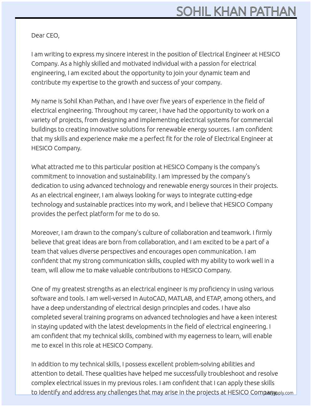 ELECTRICAL ENGINEER  At HESICO COMPANY  Cover Letter