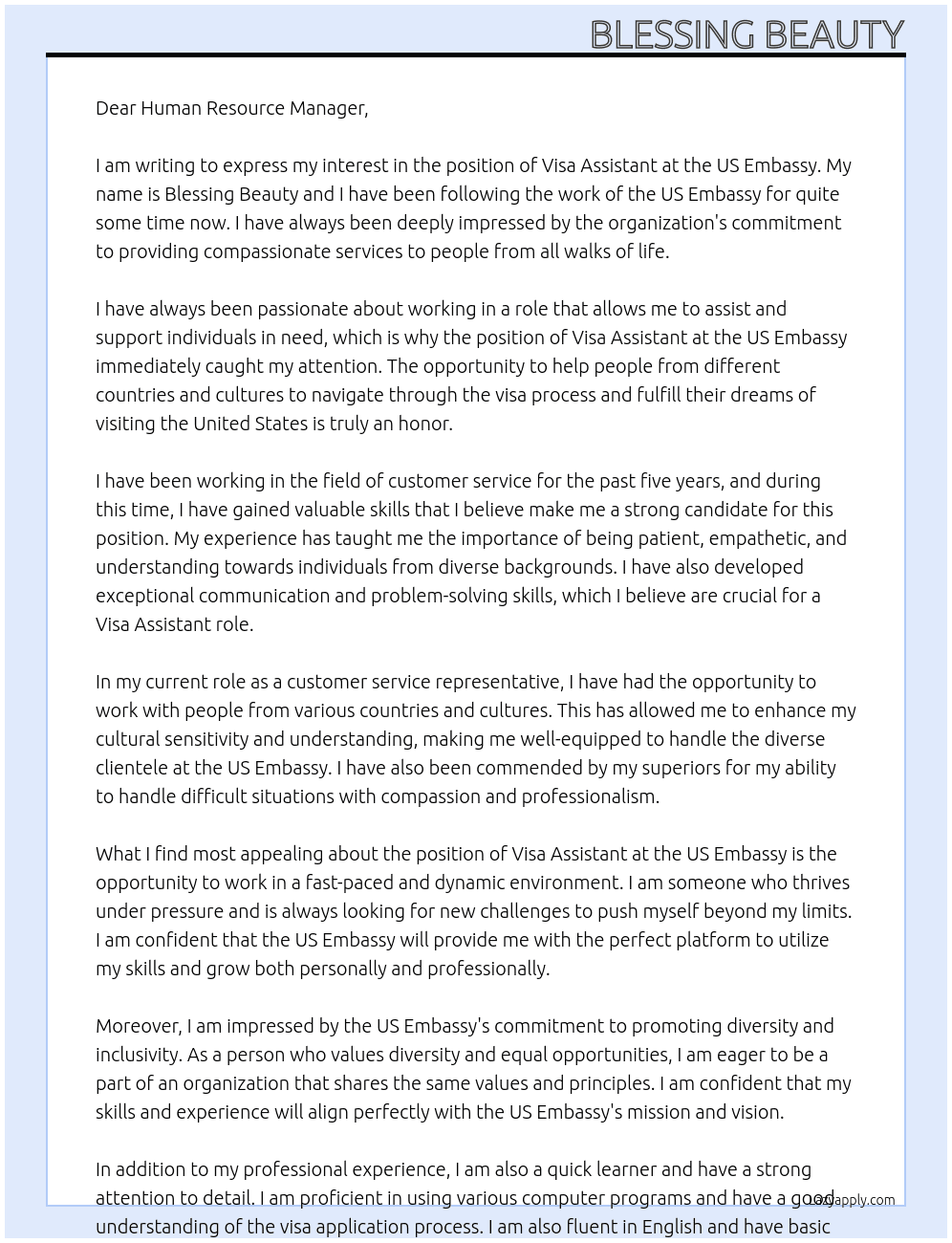 Visa Assistant At US EMBASSY Cover Letter